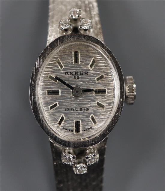 An Anker 14k white gold cocktail watch, with diamond chips set case, boxed